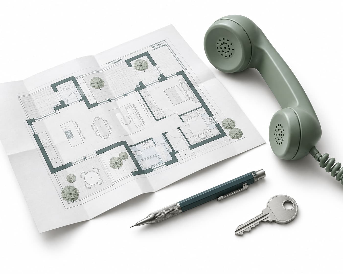 Composición ilustrada de un teléfono verde salvia, planos y una llave