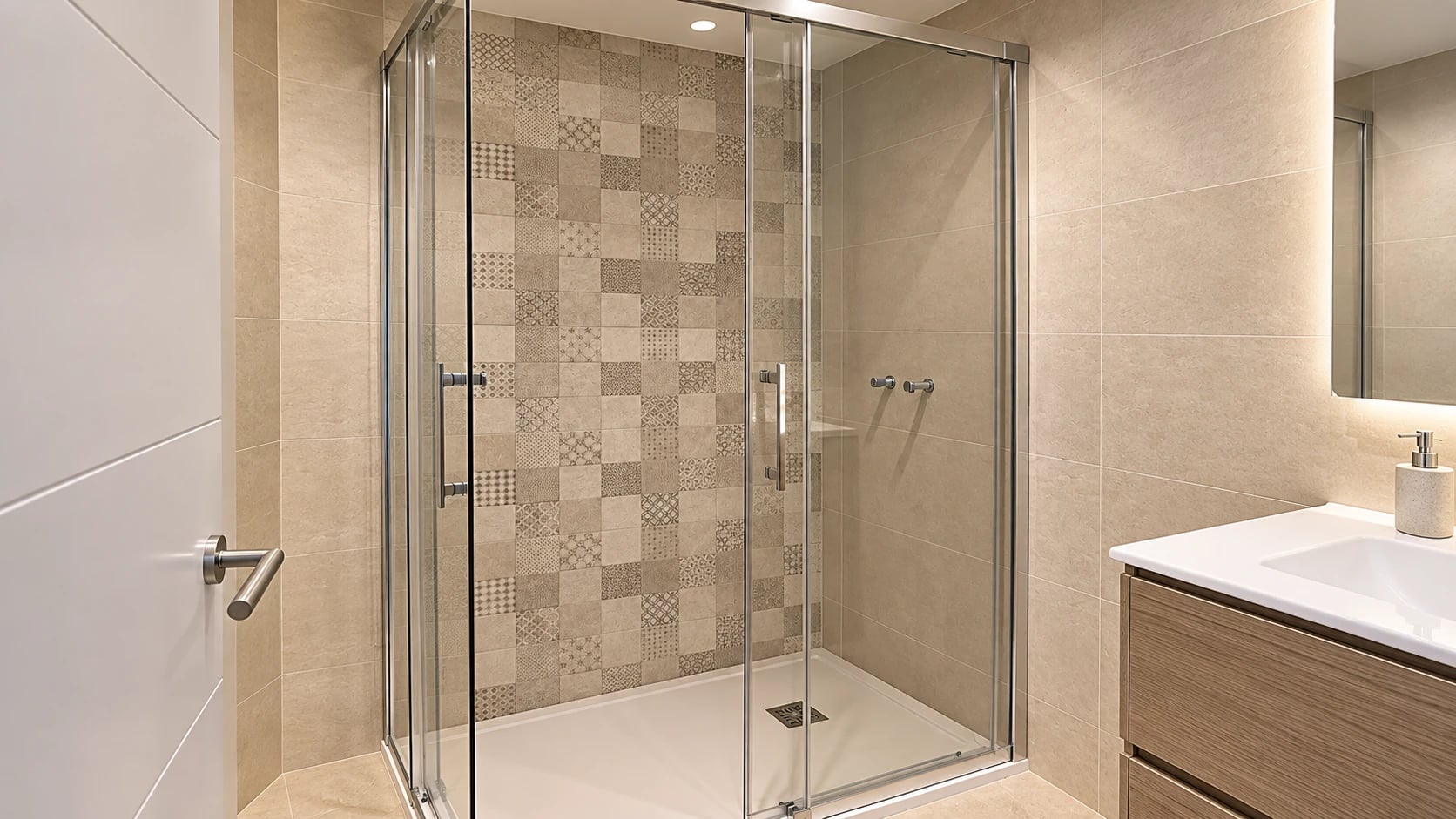 Baño revestido en tonos piedra con mampara de ducha y mueble de lavabo