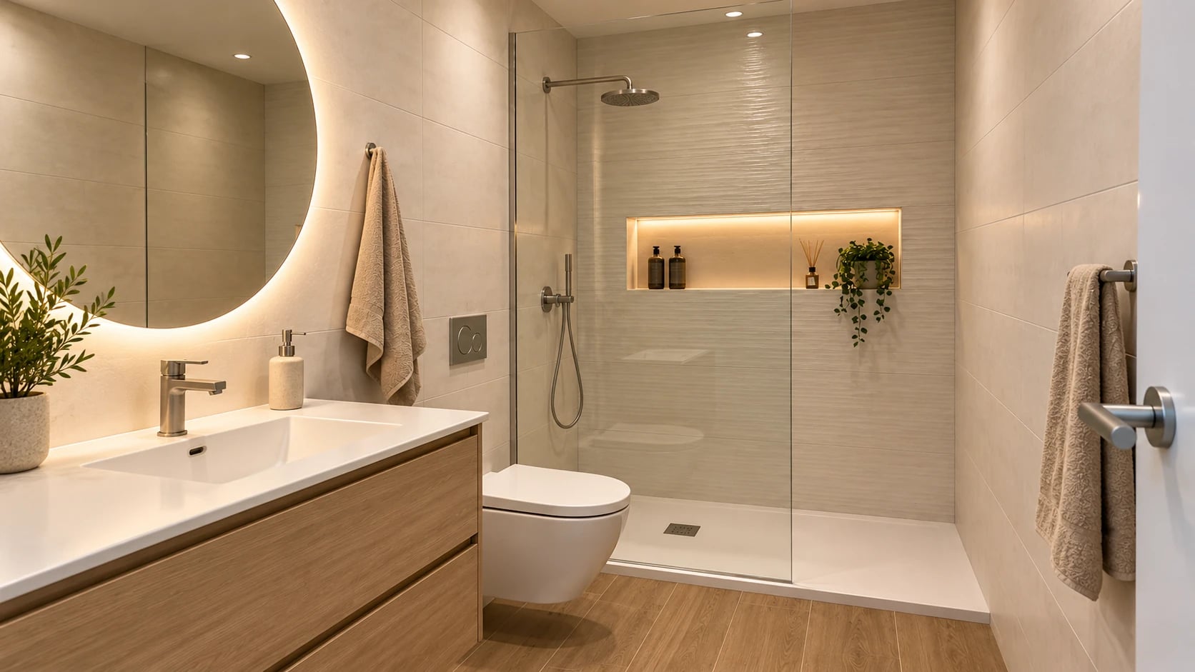 Baño con ducha de vidrio, nicho iluminado, espejo circular y mueble de madera
