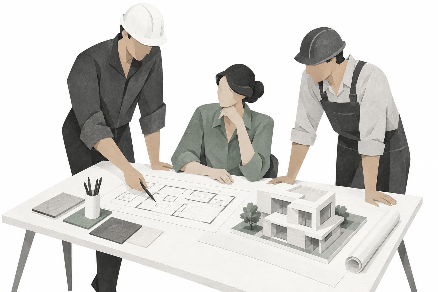 Ilustración conceptual de un equipo de reformas: responsable con planos, profesionales de obra y diseño